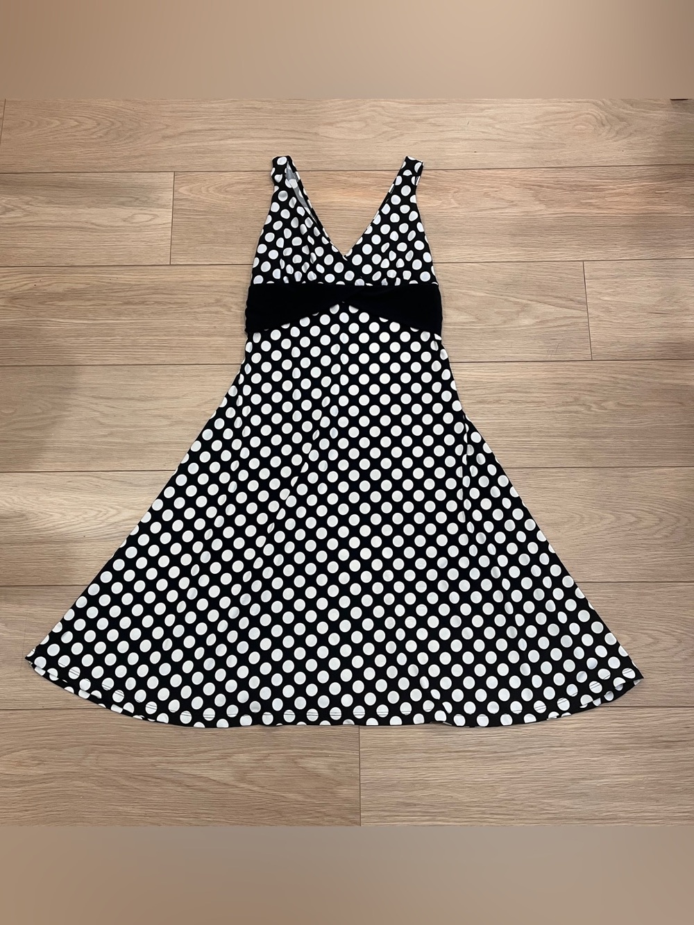Black White Polka Dot V Neck Knee Length Dress Retro Y2K